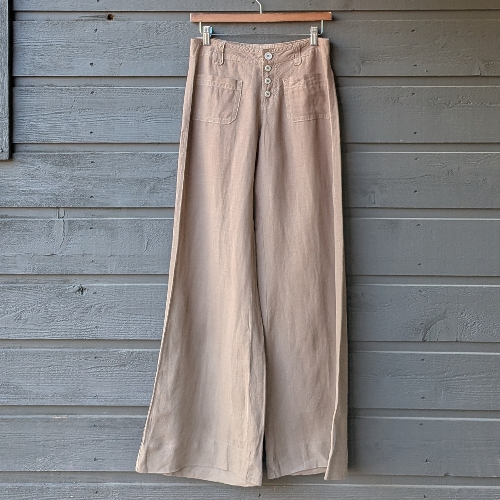 Billy Blues 100% Linen Exposed Button Fly Low Rise Wide Leg Pants Camel Tan